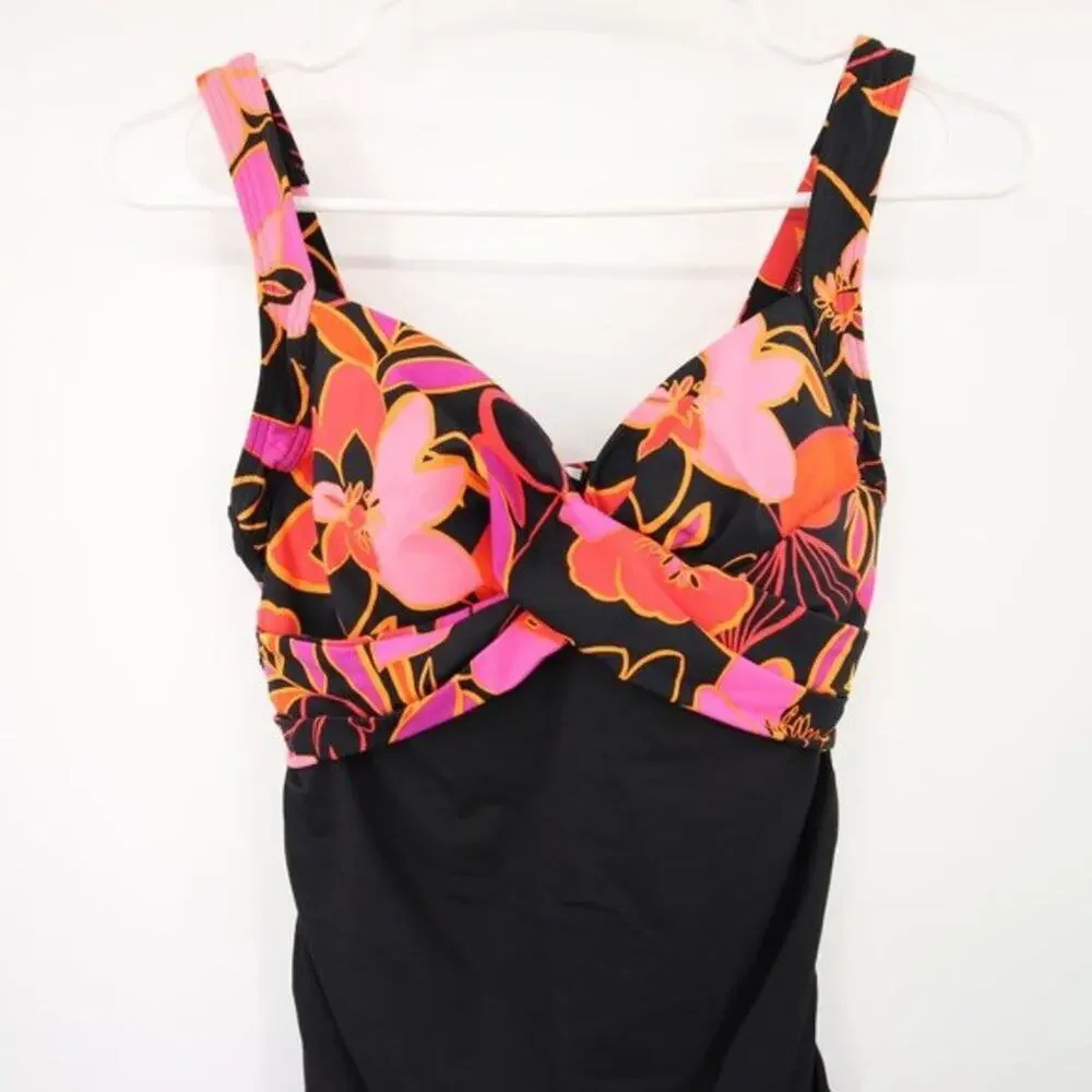 Lands End Black Pink Floral Criss Cross Twist Swim Tankini Top Size 4 D NWOT - Picture 2 of 8